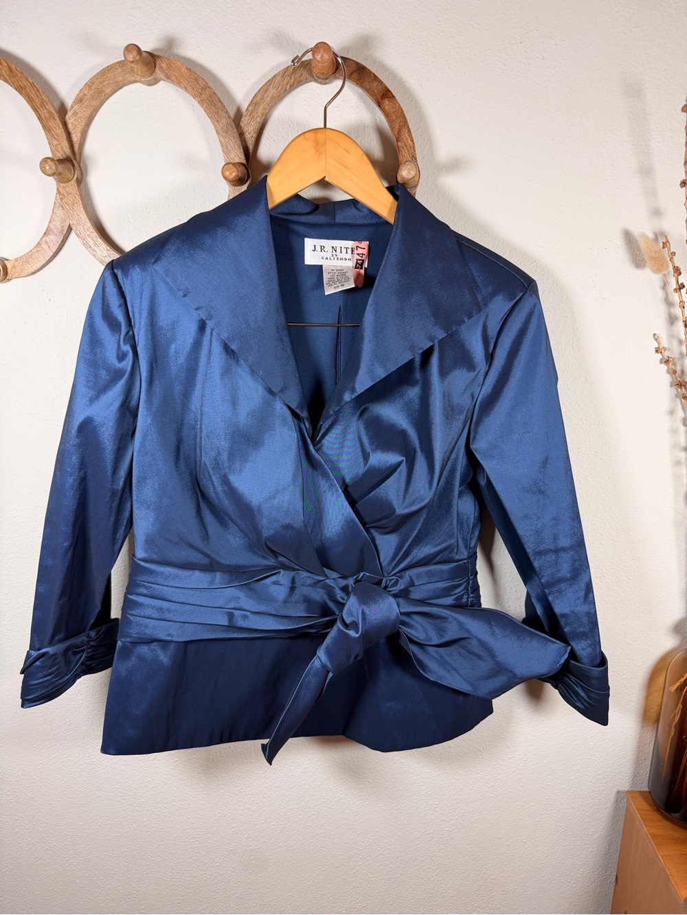 J.R. Nites by Caliendo Satin Wrap Blouse Top Size 12 Sapphire Blue Peplum